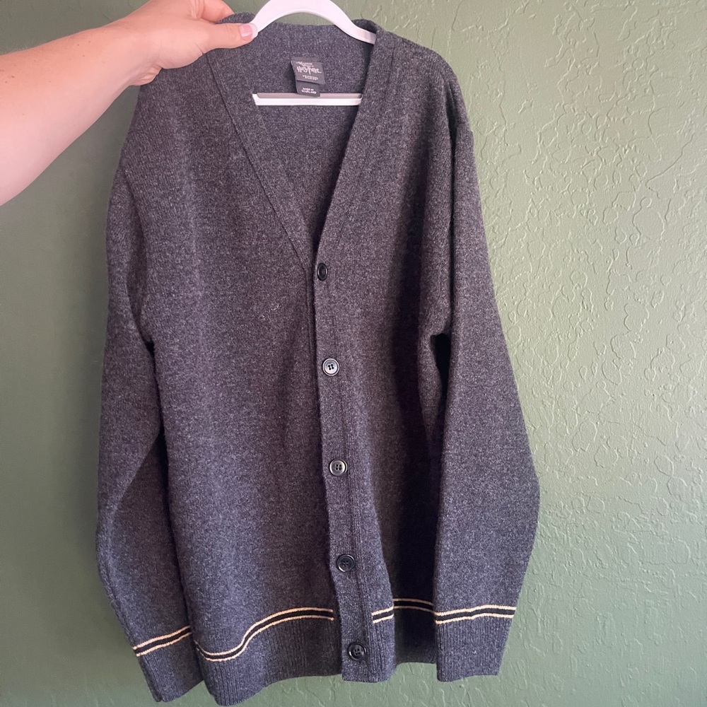 Harry Potter Universal Studios Wool Grey and Yellow Button-Down Sweater Size L
